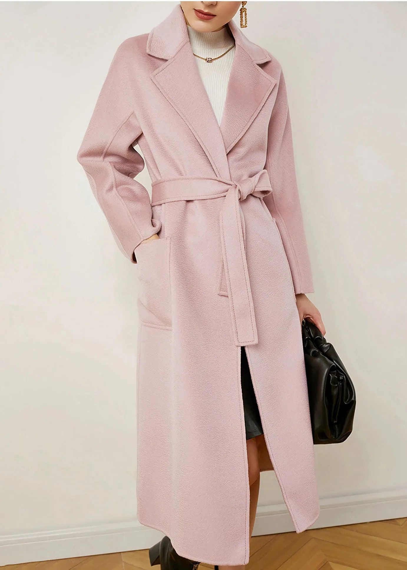 Pink Wool & Cashmere Belted Wrap Long Coat