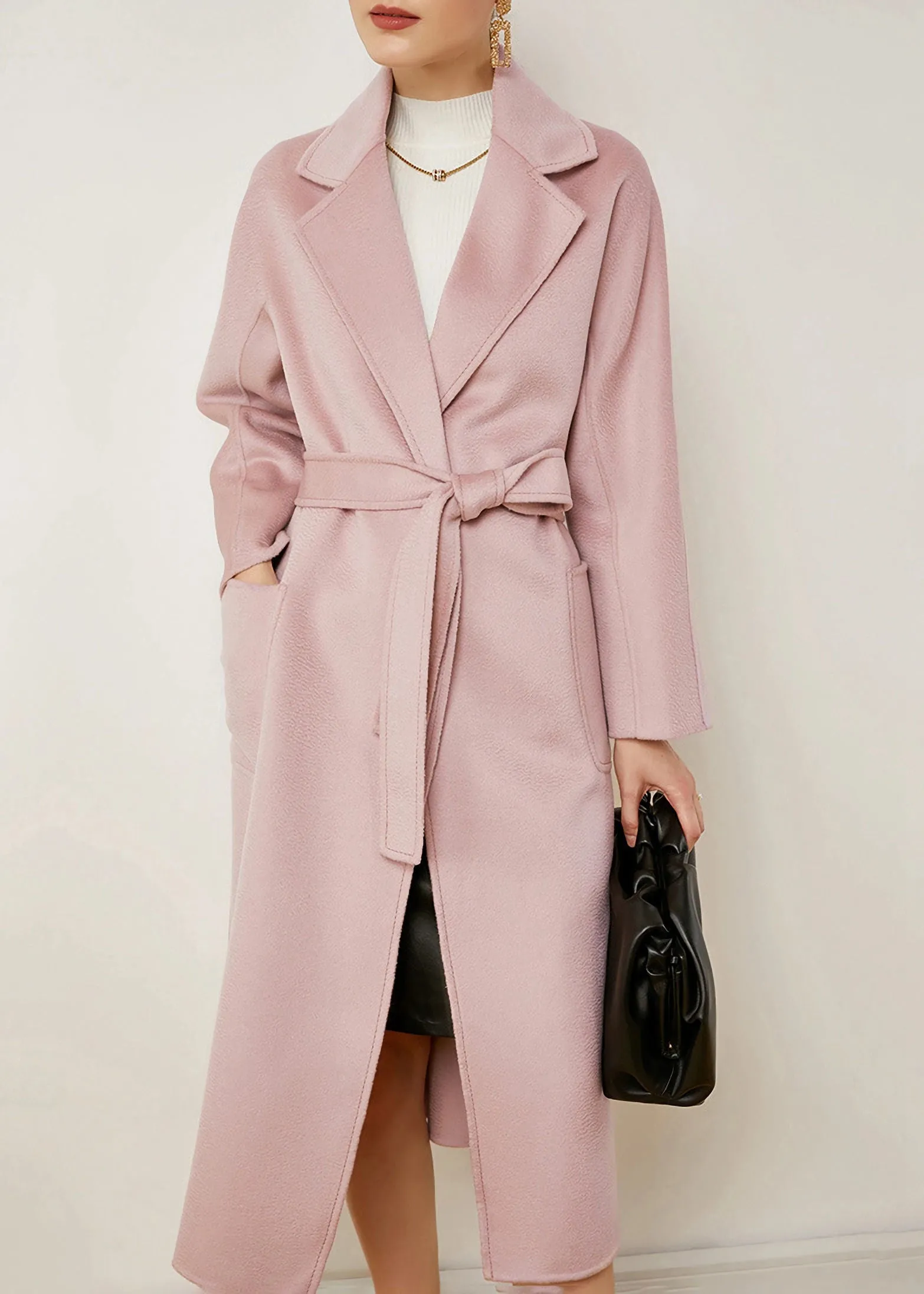 Pink Wool & Cashmere Belted Wrap Long Coat