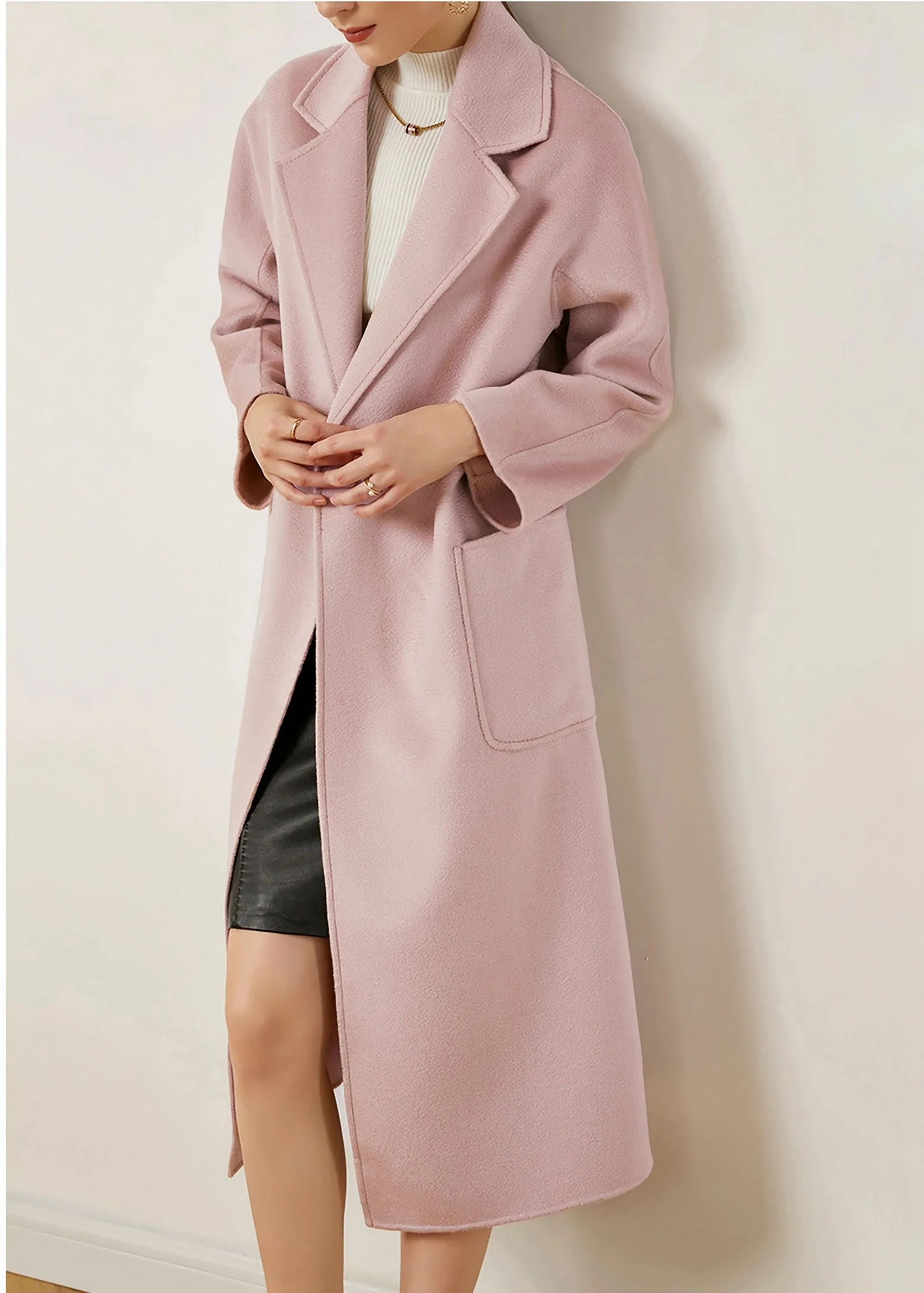 Pink Wool & Cashmere Belted Wrap Long Coat