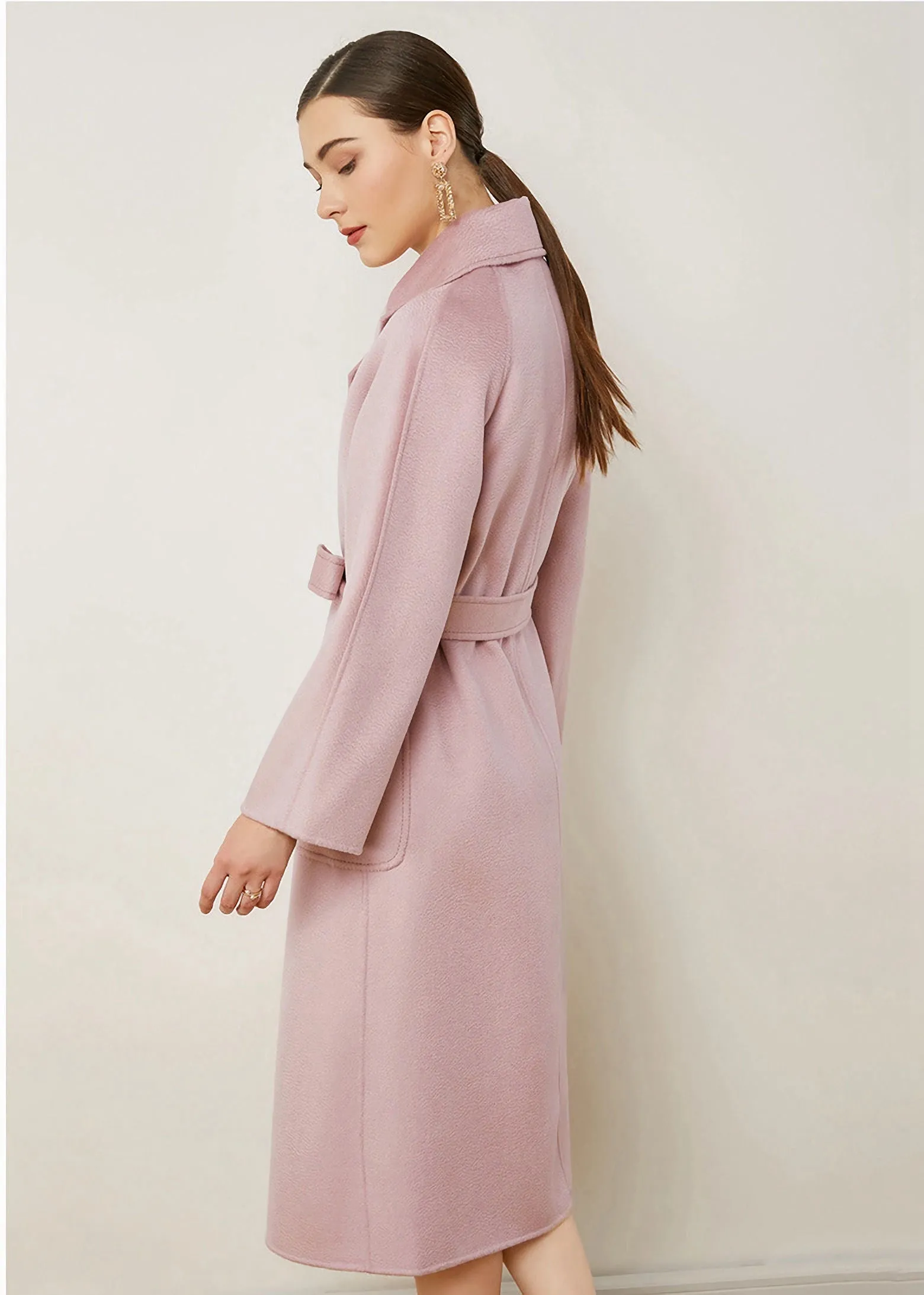 Pink Wool & Cashmere Belted Wrap Long Coat