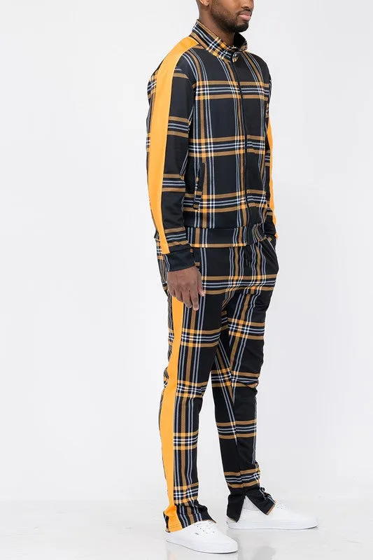 PLAID CHECKERED FULL ZIP TRACK PANTS SET