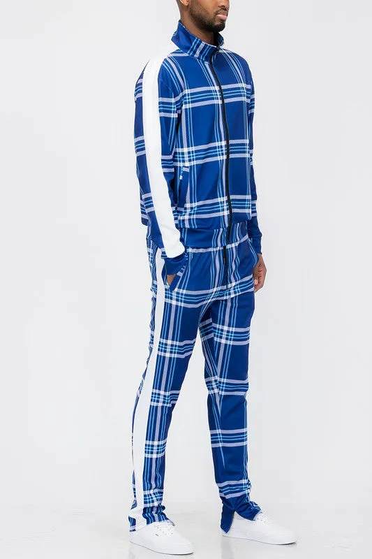 PLAID CHECKERED FULL ZIP TRACK PANTS SET