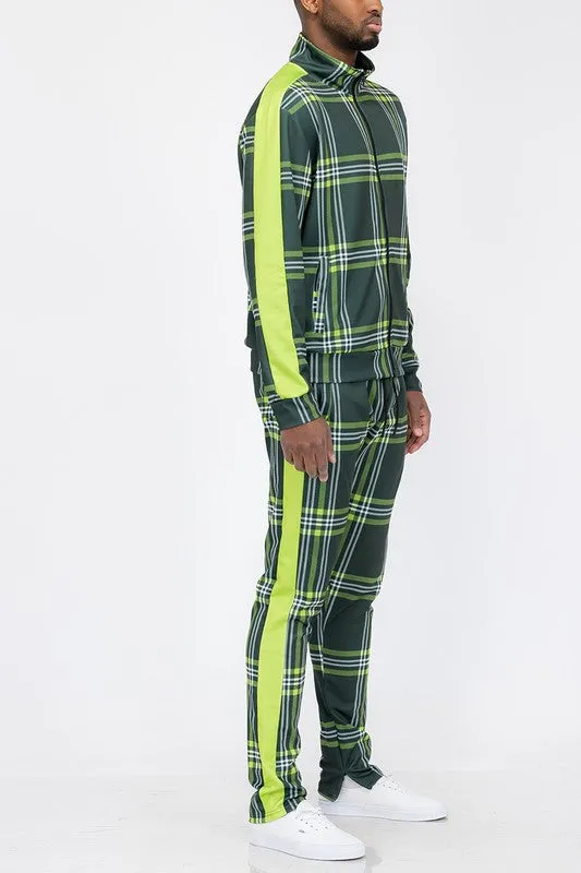 PLAID CHECKERED FULL ZIP TRACK PANTS SET