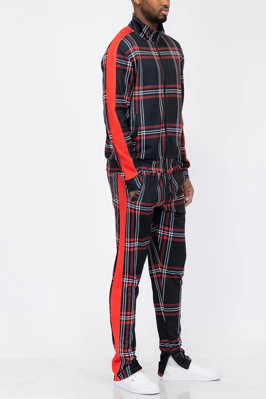 PLAID CHECKERED FULL ZIP TRACK PANTS SET