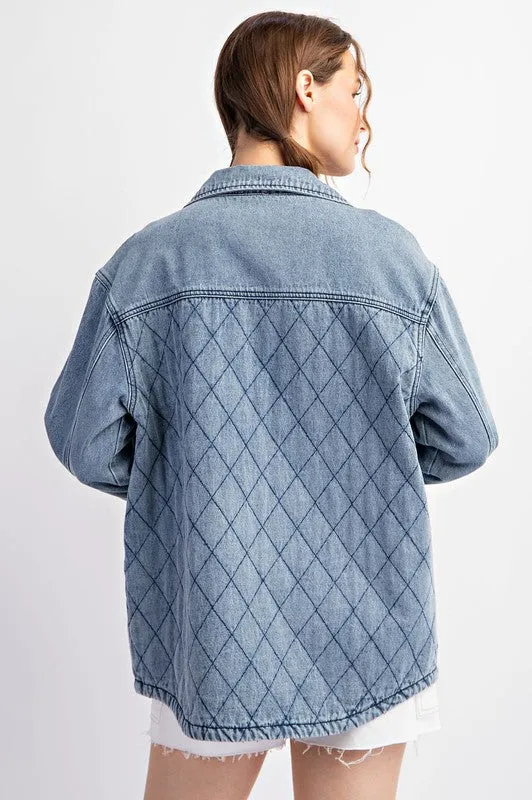 QUILTED BUTTON DOWN JACKET - DENIM OR CAMEL