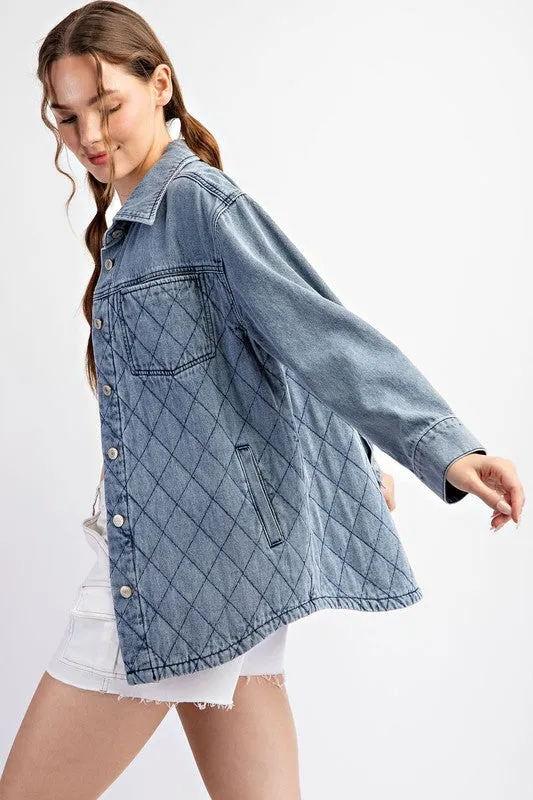 QUILTED BUTTON DOWN JACKET - DENIM OR CAMEL