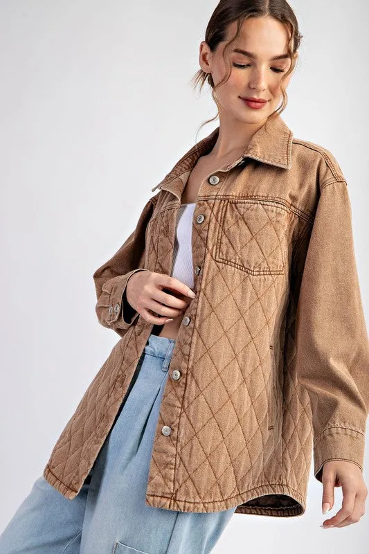 QUILTED BUTTON DOWN JACKET - DENIM OR CAMEL