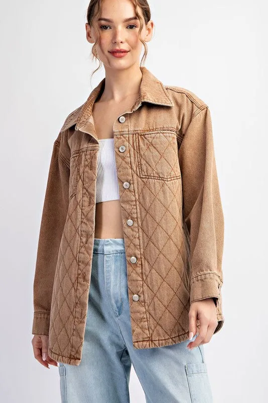 QUILTED BUTTON DOWN JACKET - DENIM OR CAMEL