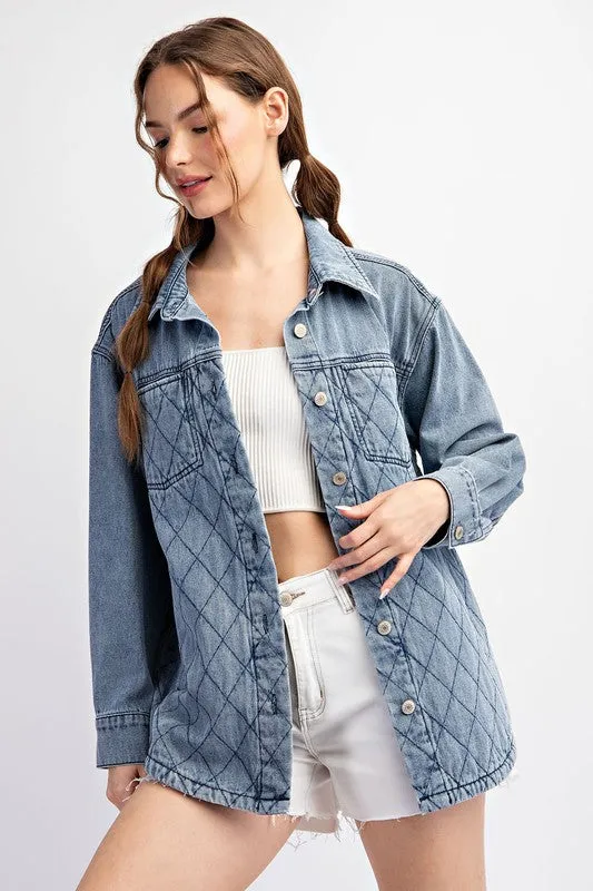 QUILTED BUTTON DOWN JACKET - DENIM OR CAMEL