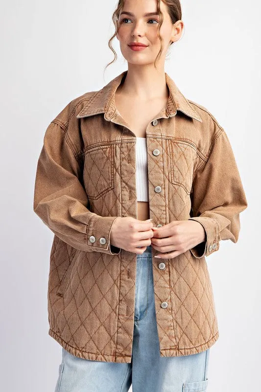 QUILTED BUTTON DOWN JACKET - DENIM OR CAMEL