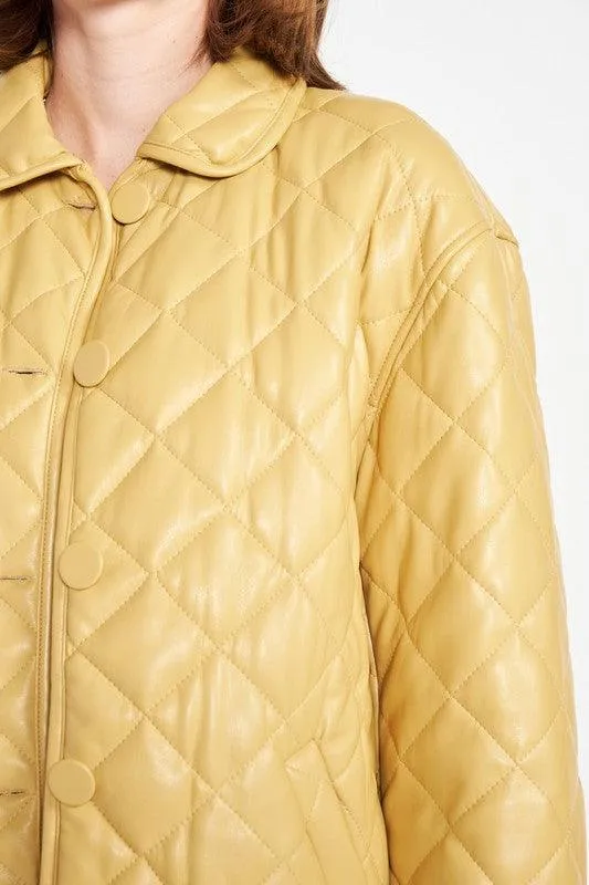 Quilted PU Leather Button Down Jacket