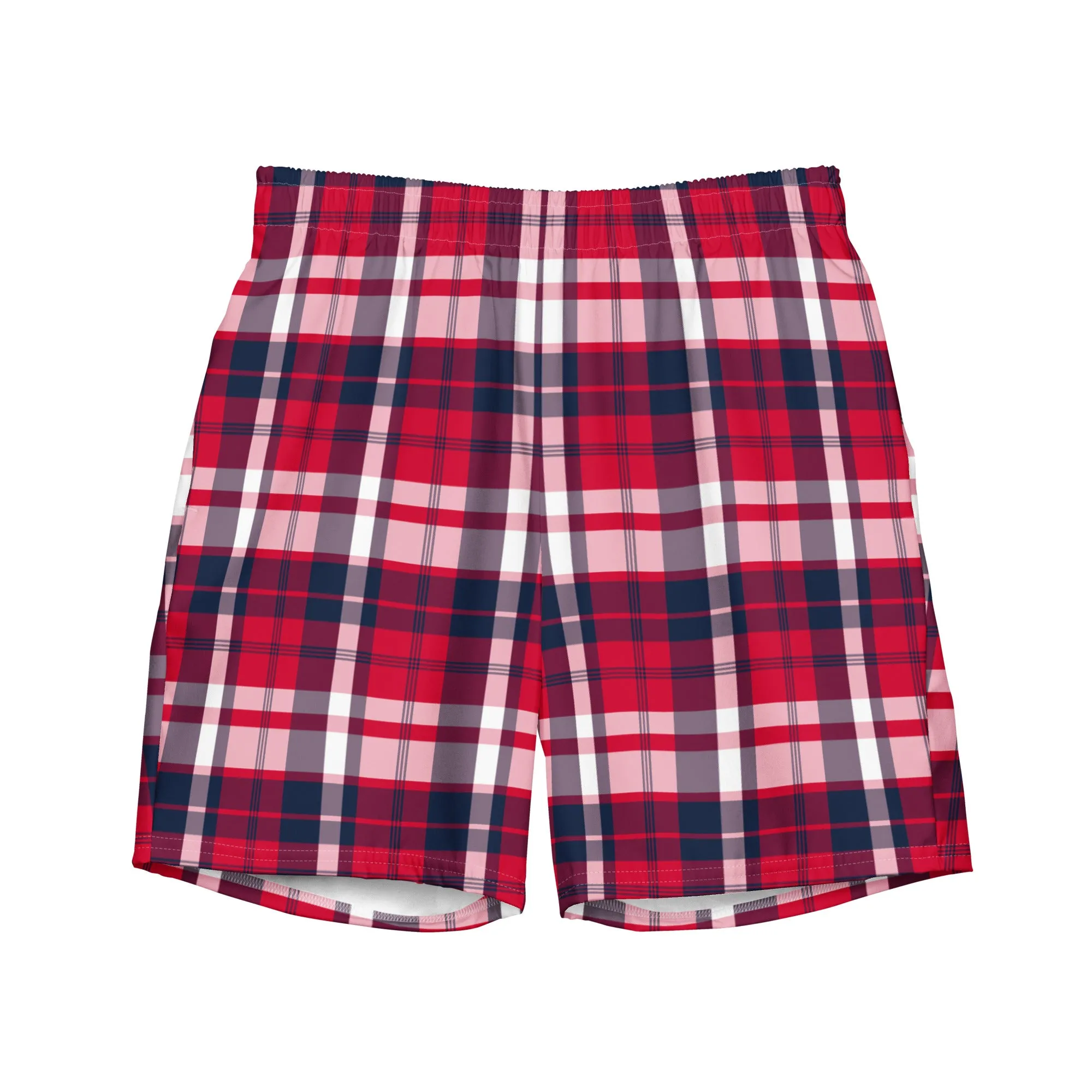 Red, White and Navy Blue Preppy Surfer Plaid Men's Swimsuit