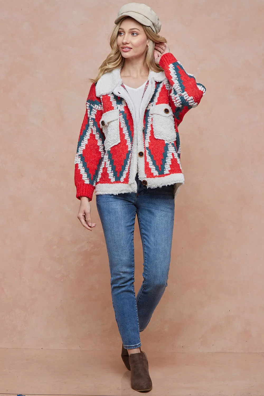 Rhombus Patterned Long Sleeve Sherpa Lined Sweater Jacket