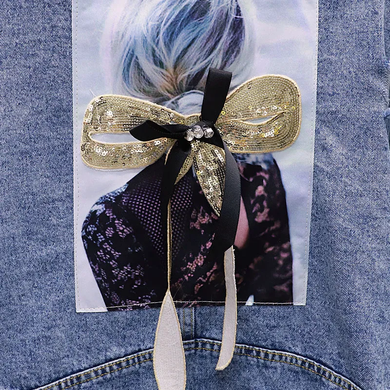 Ripped Sequined Denim Jacket Women Jacket Top