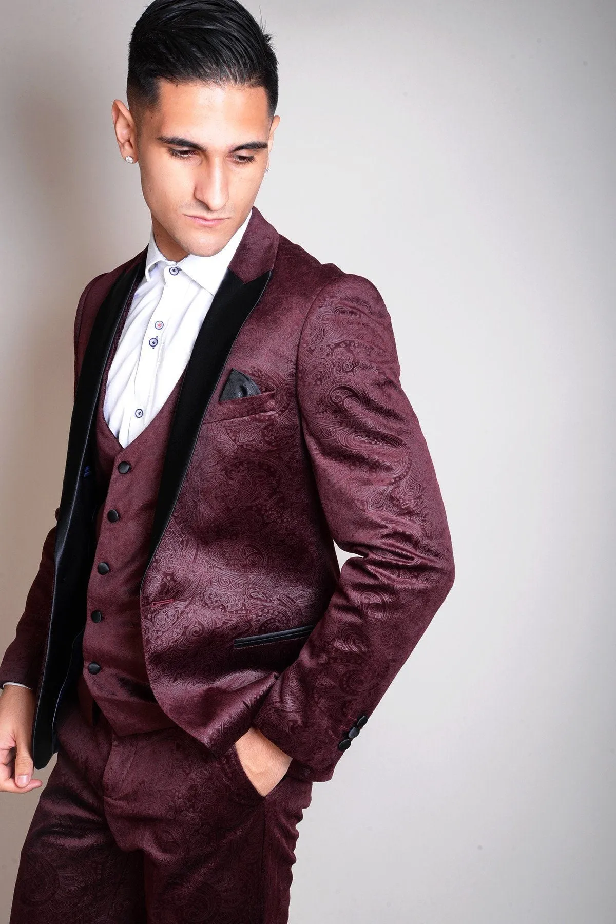 Simon Jacquard Wine Velvet Three Piece Suit :- Velvet Suits