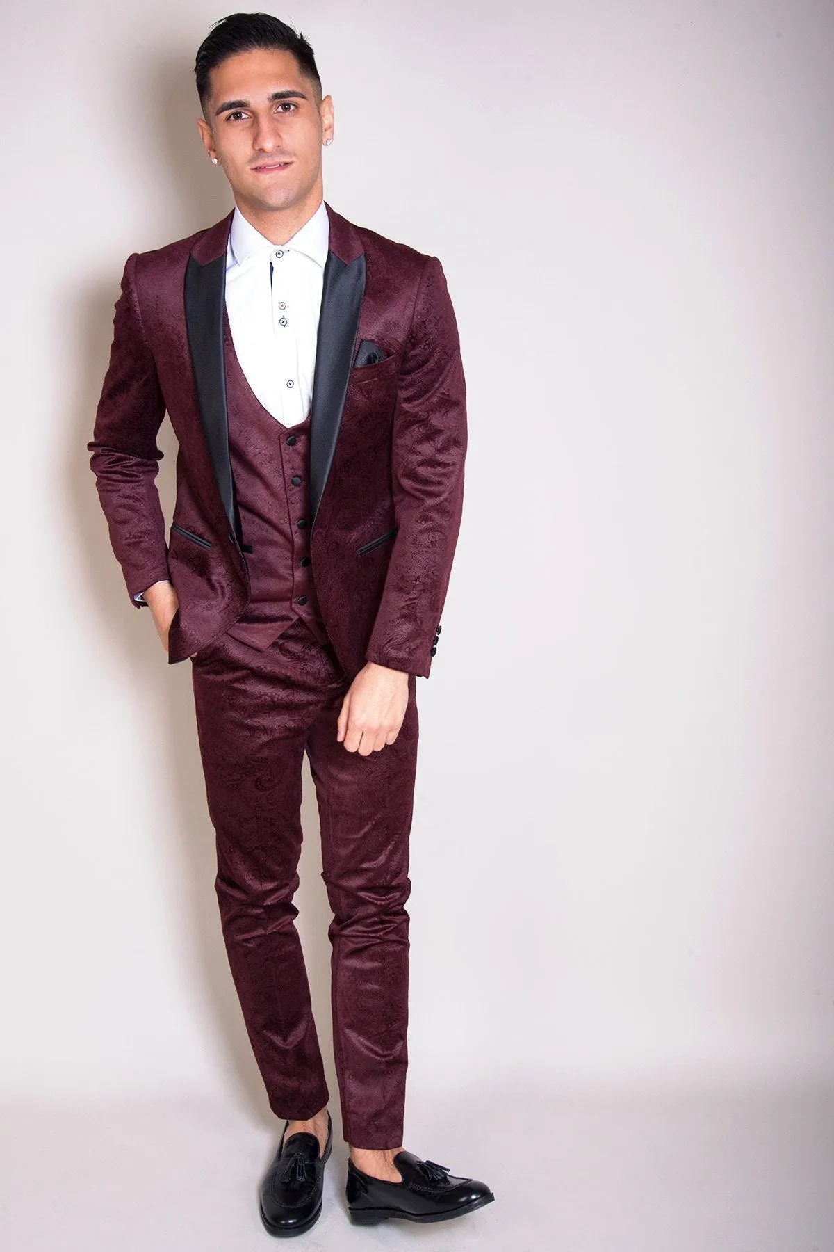 Simon Jacquard Wine Velvet Three Piece Suit :- Velvet Suits