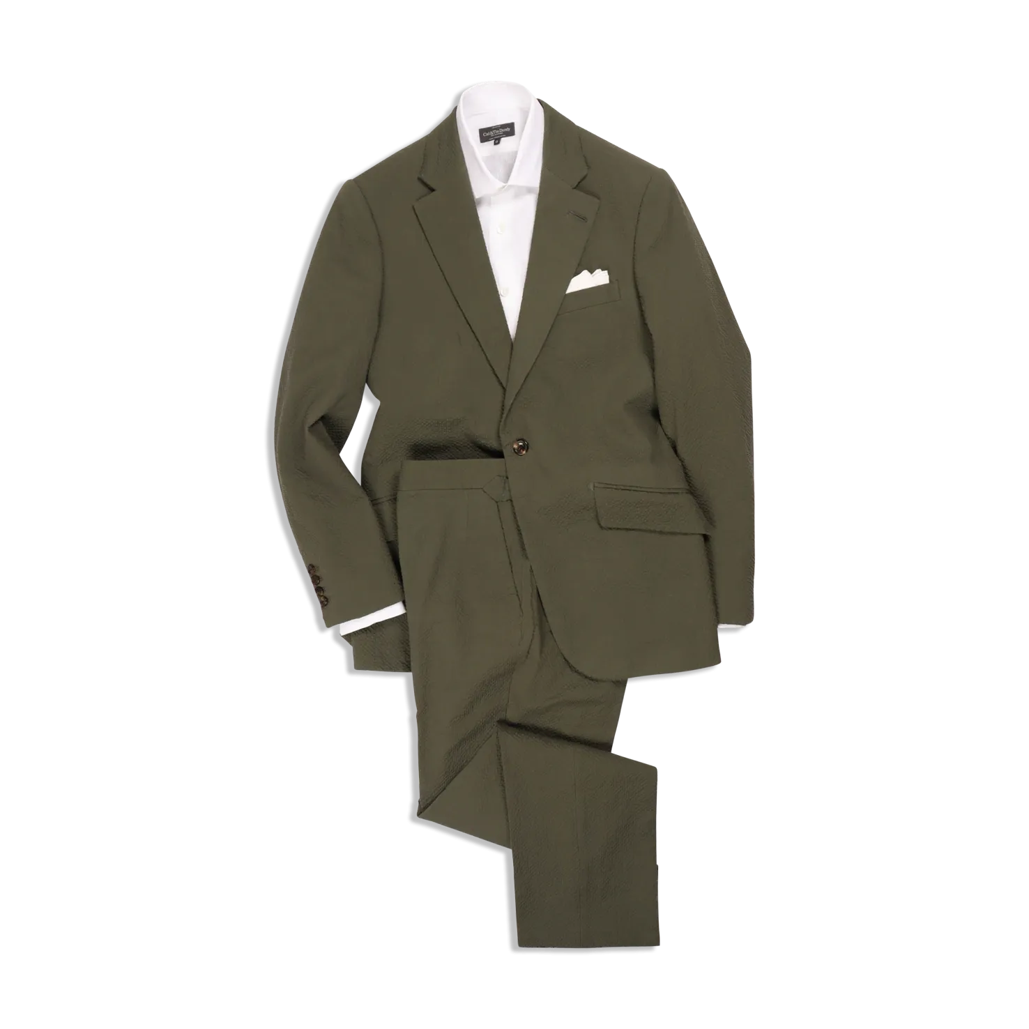 Single Breasted Notch Lapel Suit in Olive Seersucker