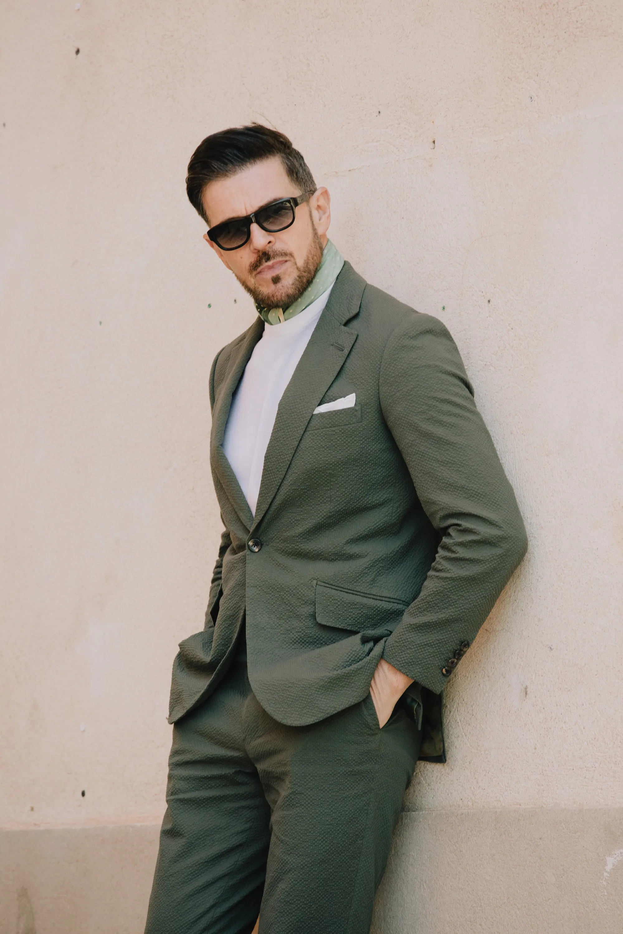 Single Breasted Notch Lapel Suit in Olive Seersucker