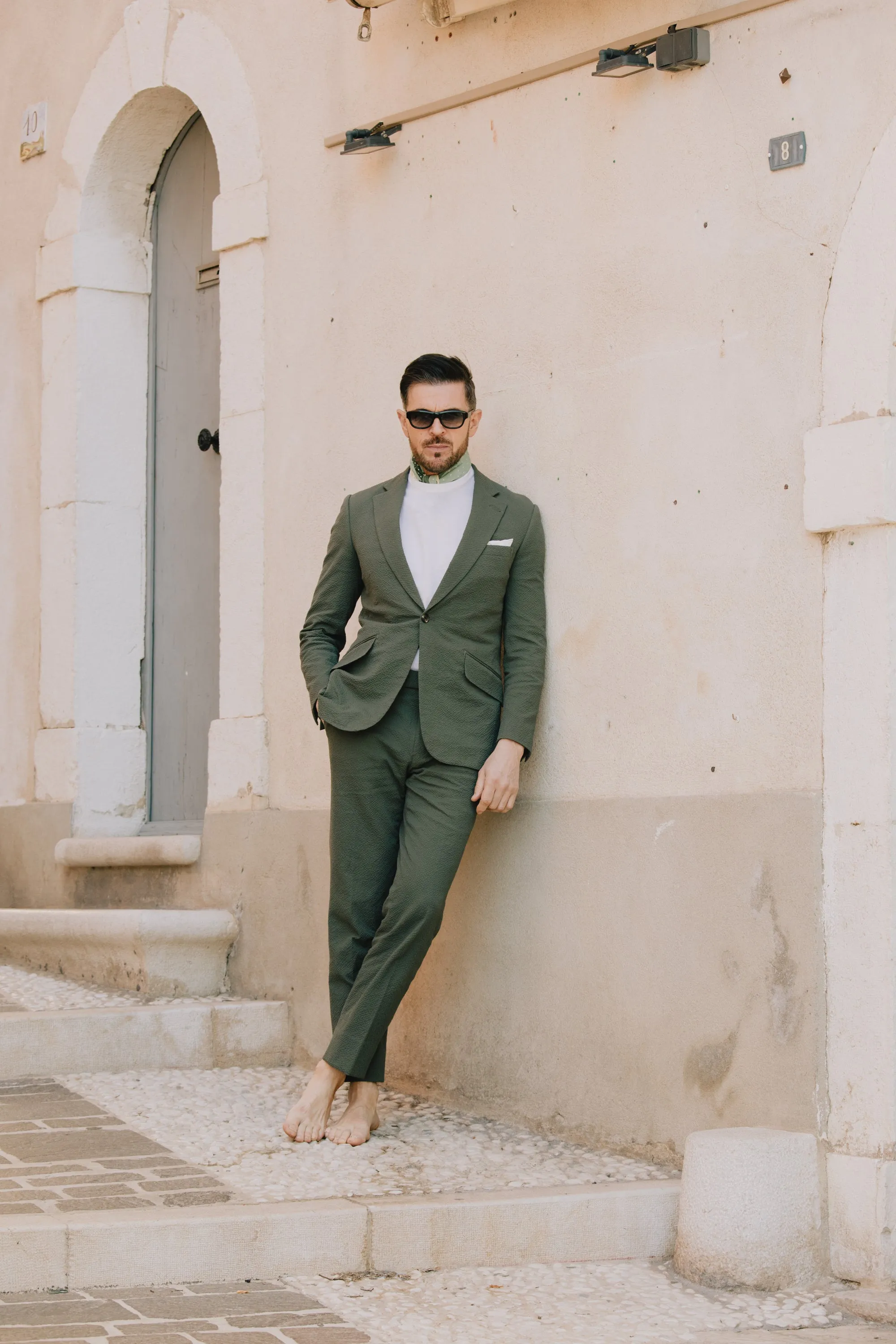 Single Breasted Notch Lapel Suit in Olive Seersucker