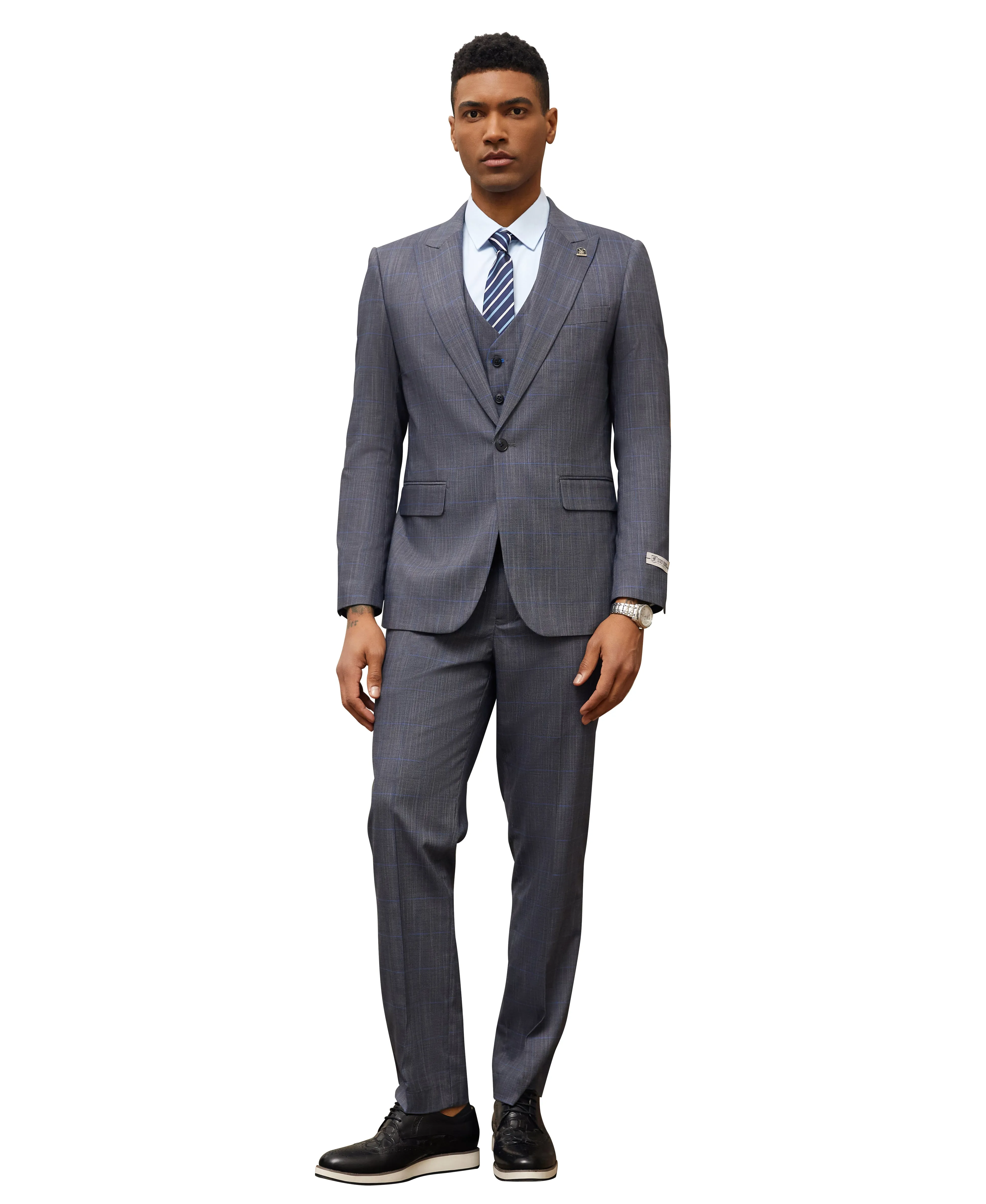 Stacy Adams Hybrid Fit 3-Piece Suit, Dark Blue Plaid