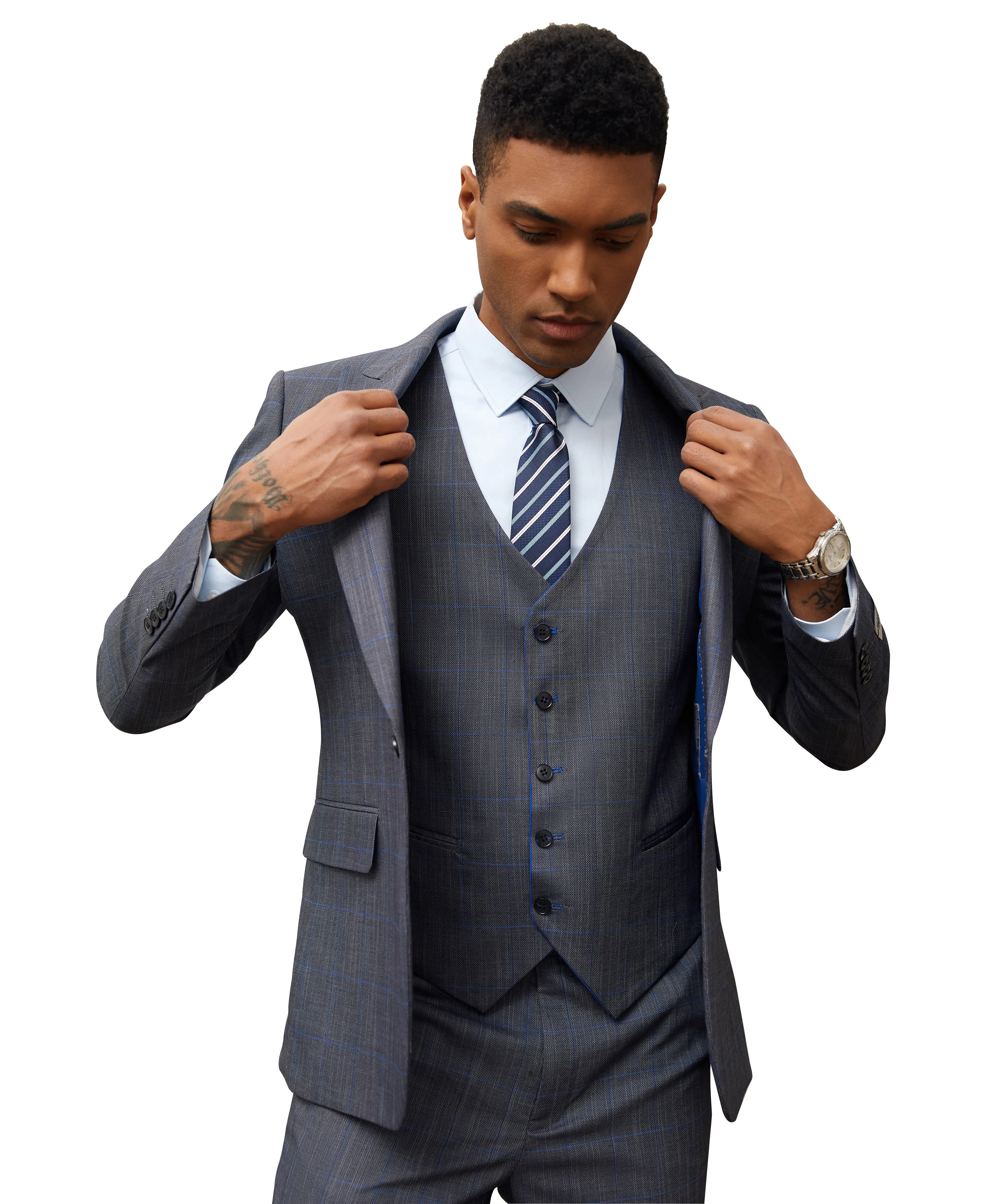 Stacy Adams Hybrid Fit 3-Piece Suit, Dark Blue Plaid