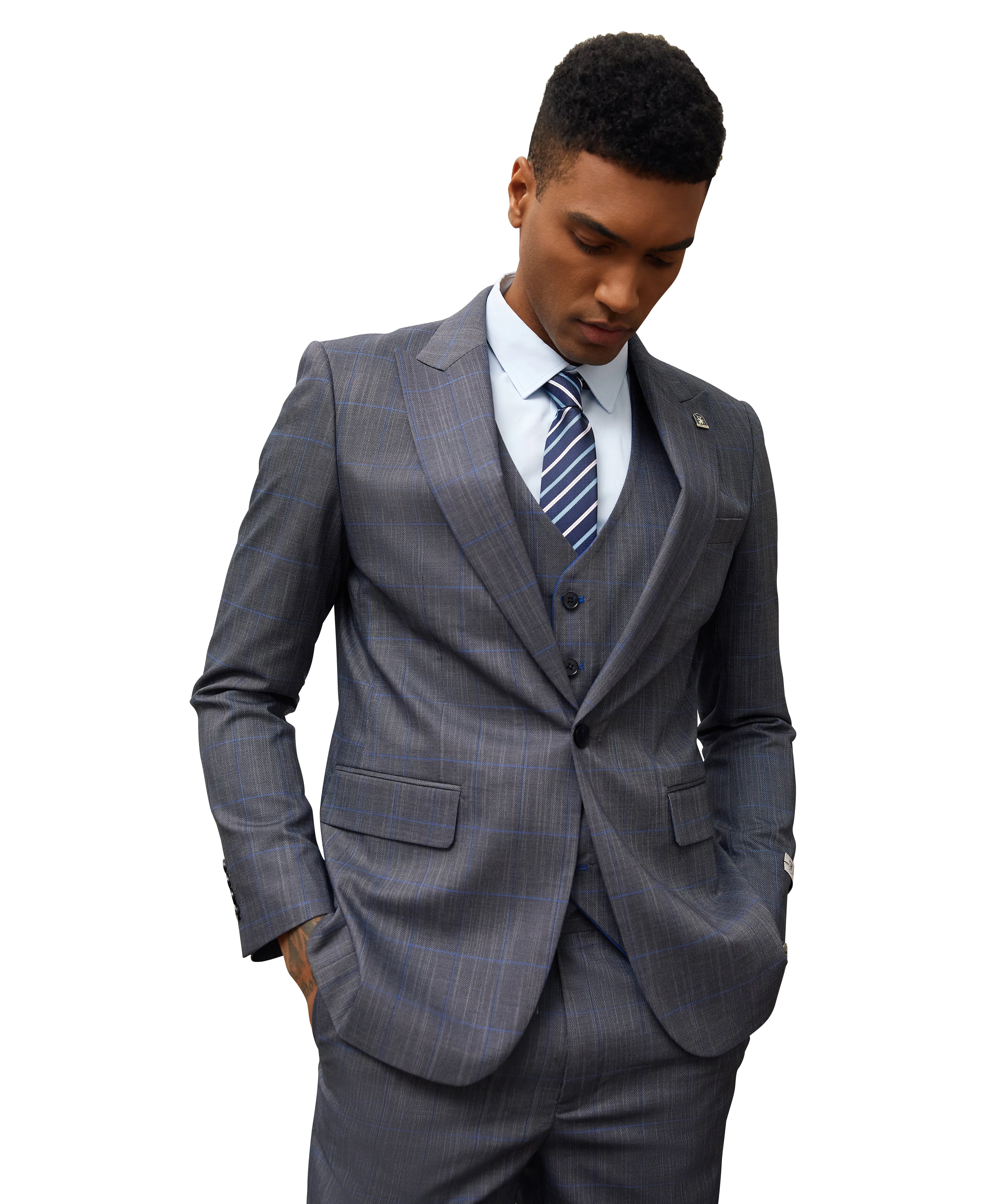 Stacy Adams Hybrid Fit 3-Piece Suit, Dark Blue Plaid