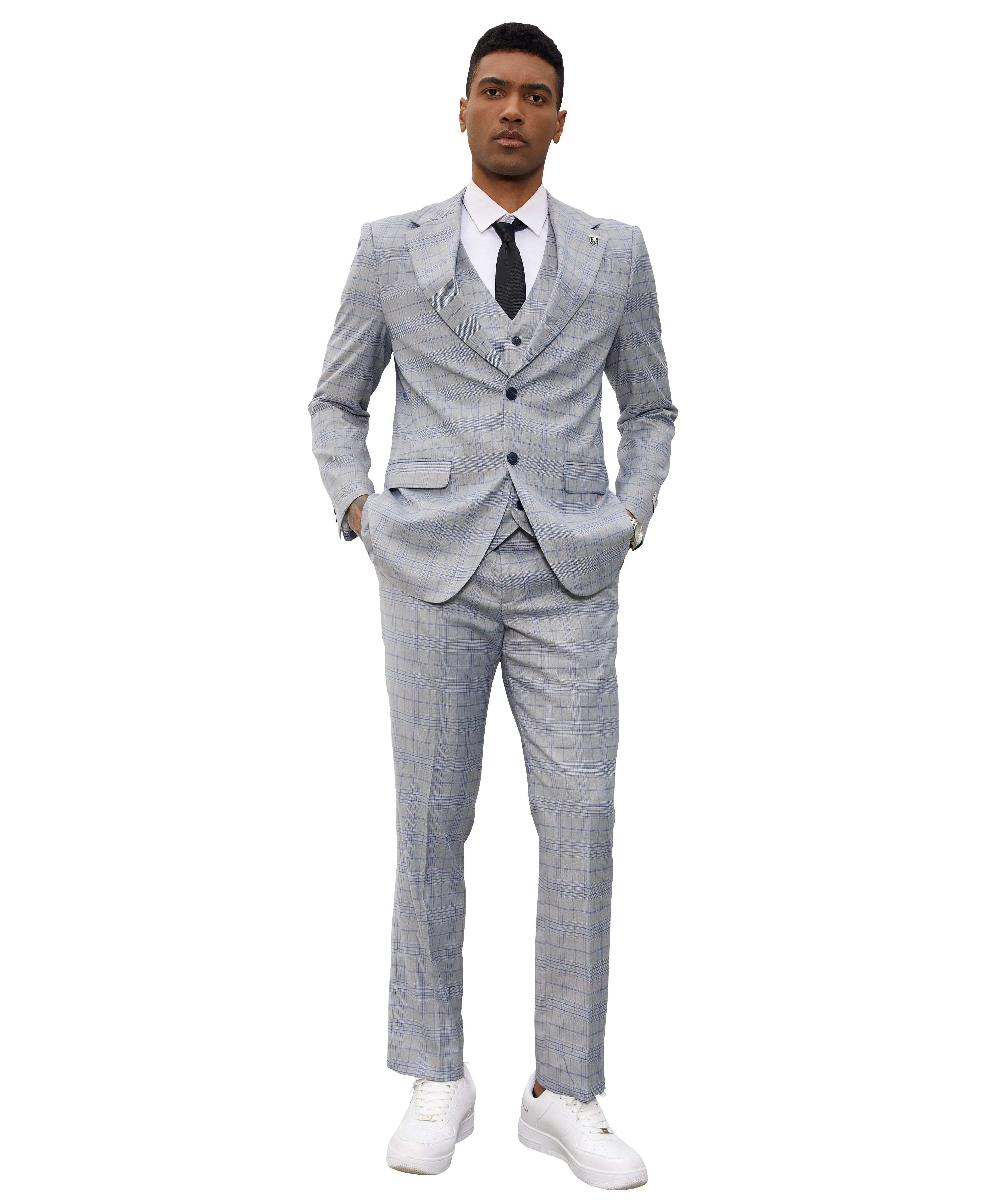 Stacy Adams Hybrid-Fit Vested Suit, Baby Blue Glen Plaid