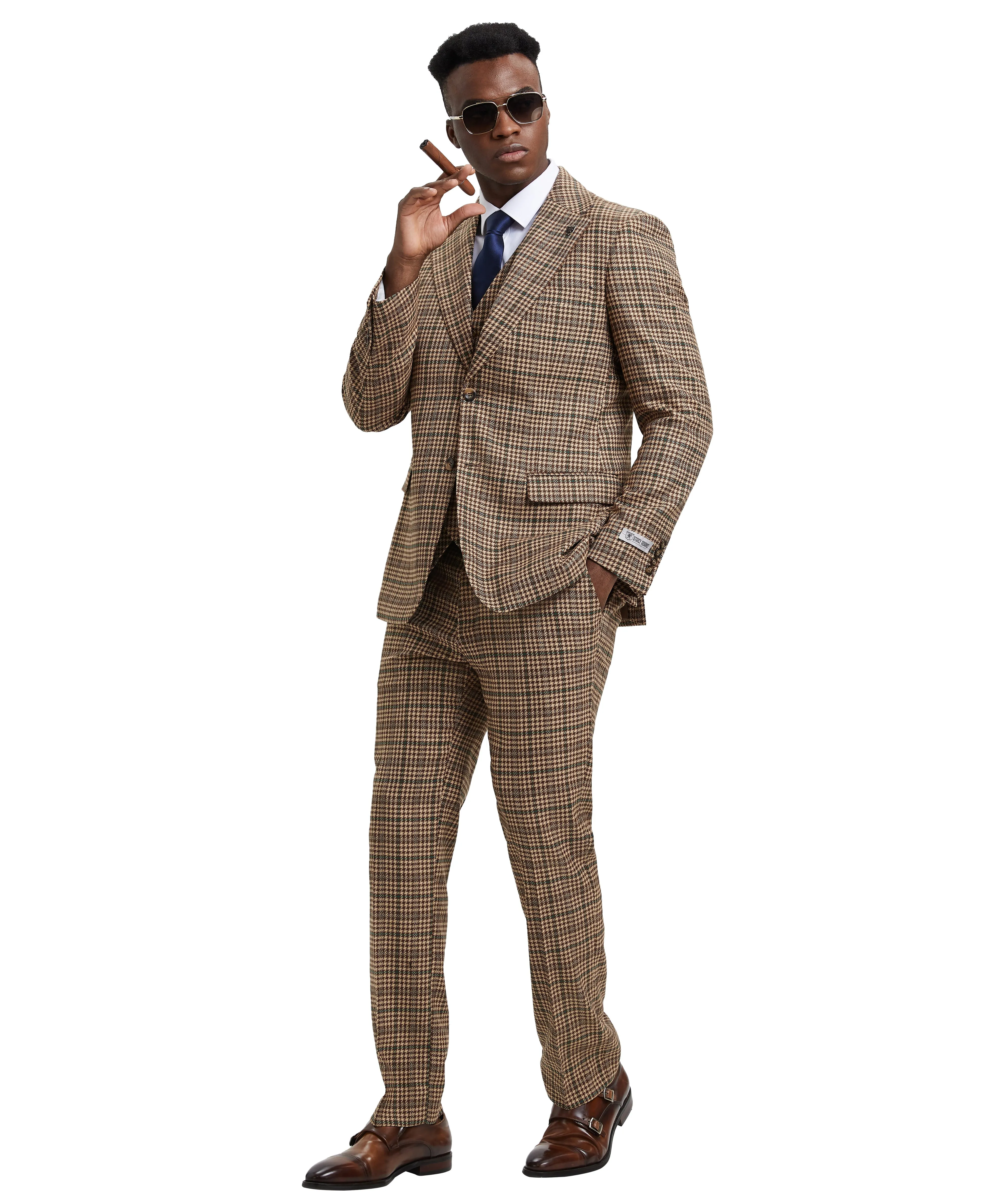 Stacy Adams Hybrid-Fit Vested Suit, Plaid Tan