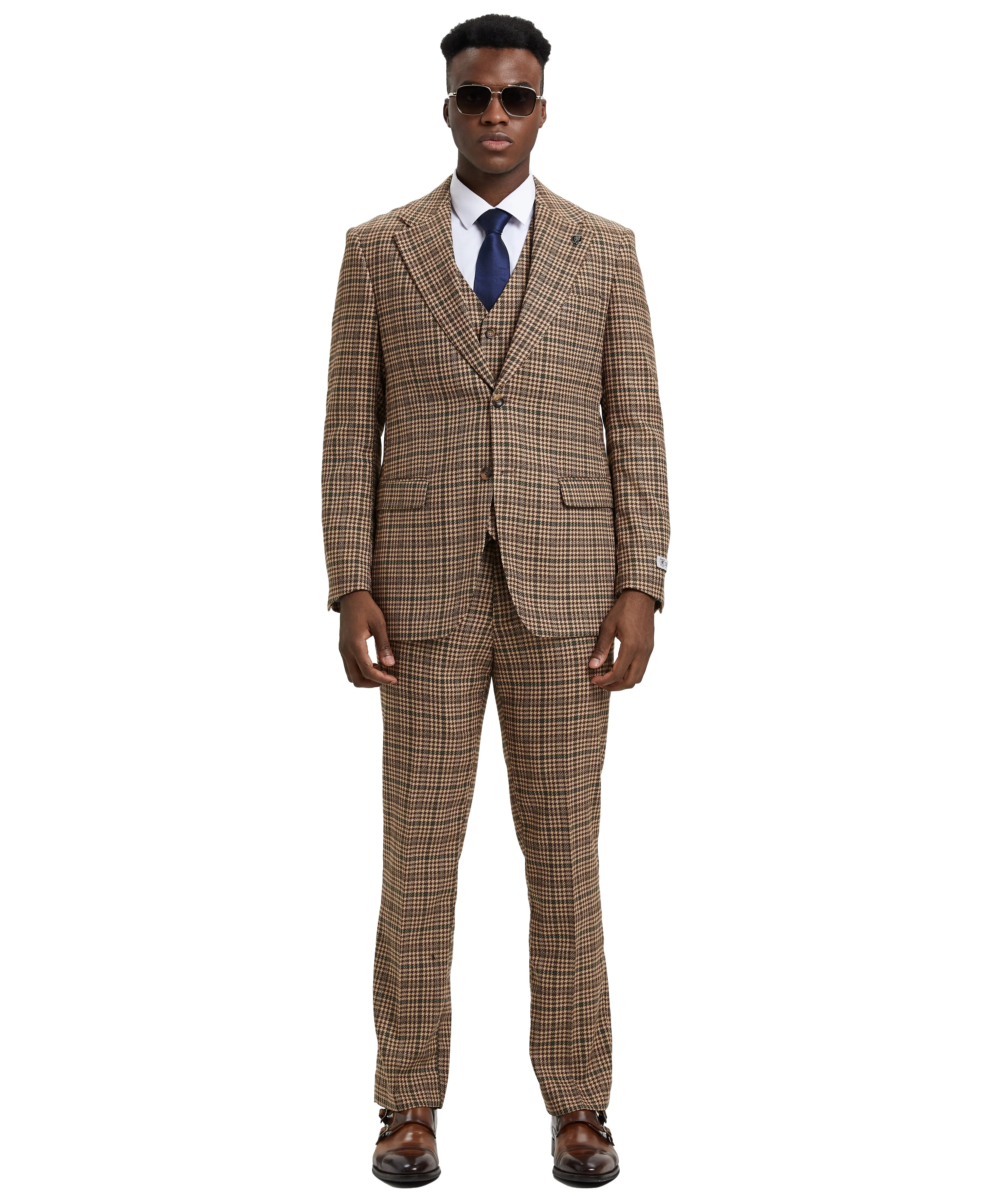 Stacy Adams Hybrid-Fit Vested Suit, Plaid Tan