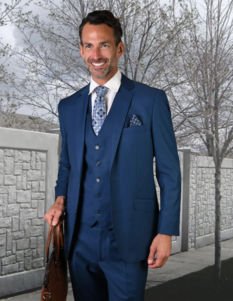 Statement Blue Men's Tailored Fit Vested Wool Suit