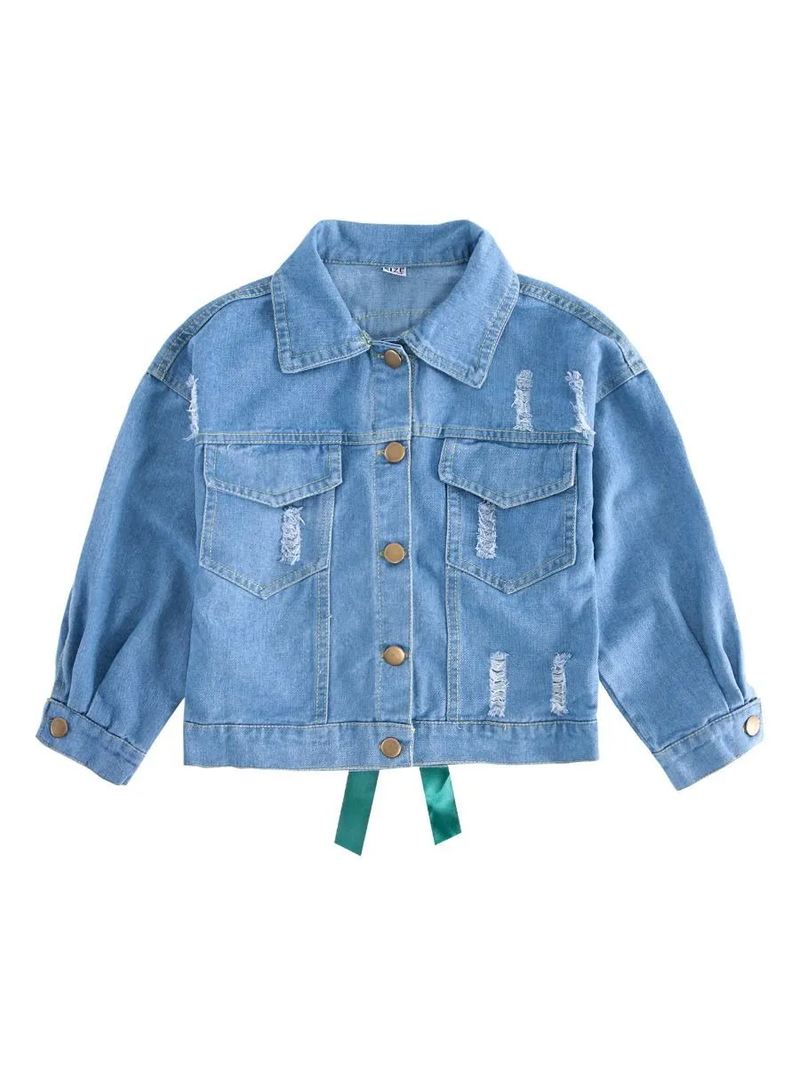 Stylish Toddler Big Girl Flower Bow Trim Denim Jacket