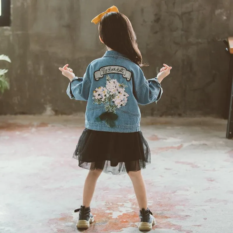 Stylish Toddler Big Girl Flower Bow Trim Denim Jacket