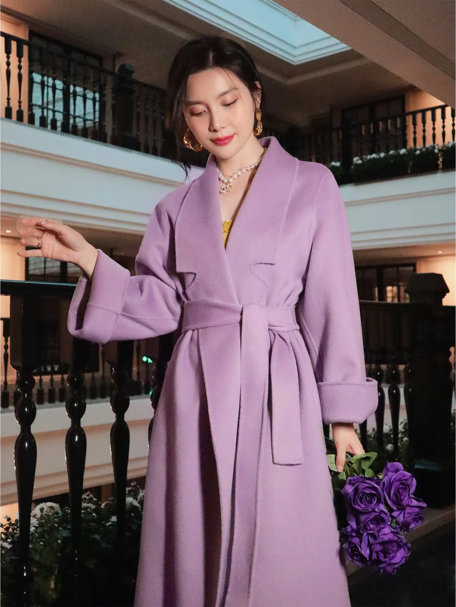 Super purple wool over-the-knee long coat with loose fully wool double-sided cashmere coat- Alias