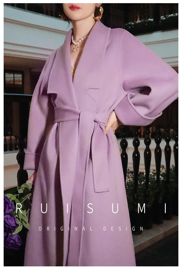 Super purple wool over-the-knee long coat with loose fully wool double-sided cashmere coat- Alias