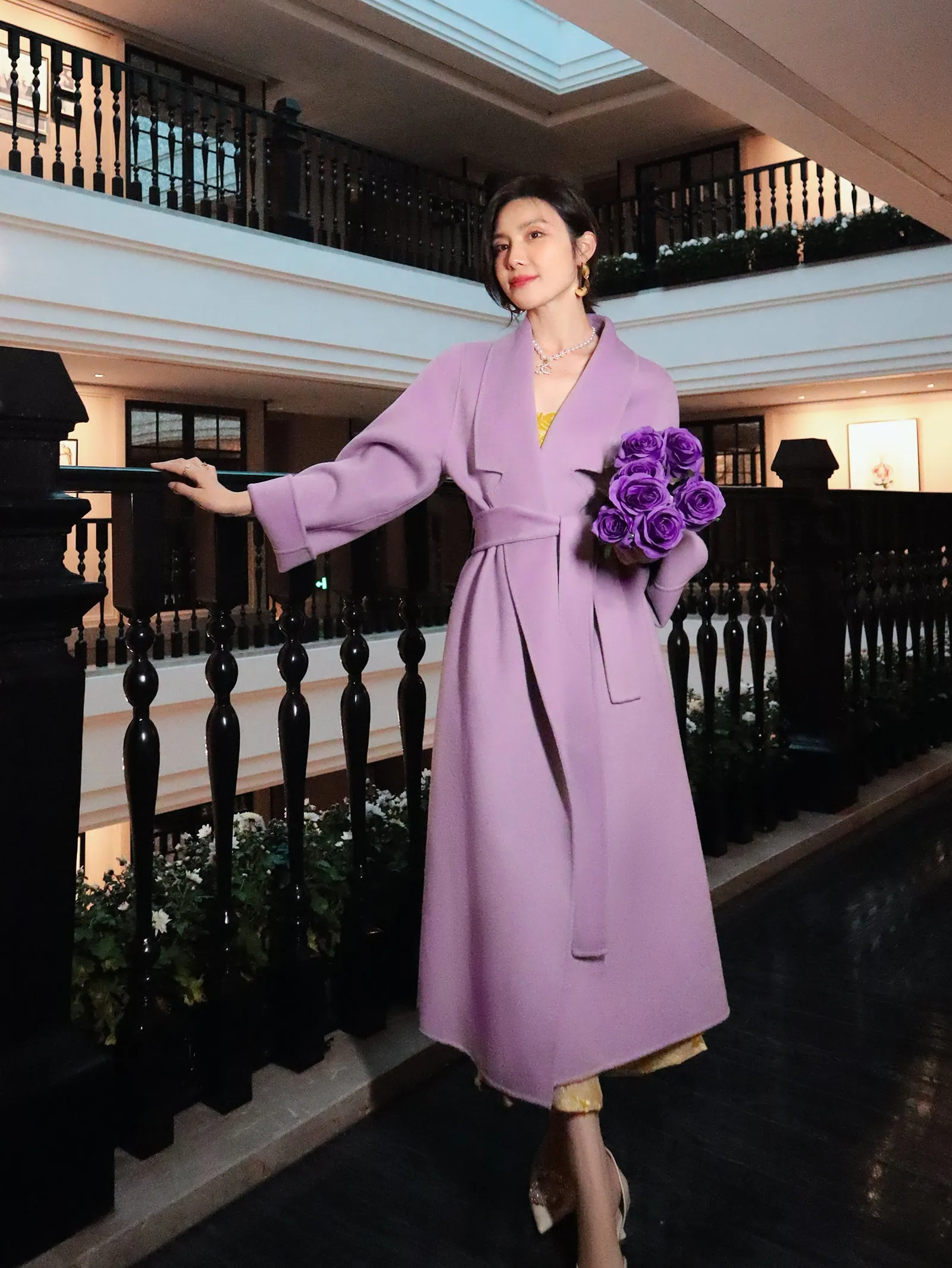 Super purple wool over-the-knee long coat with loose fully wool double-sided cashmere coat- Alias