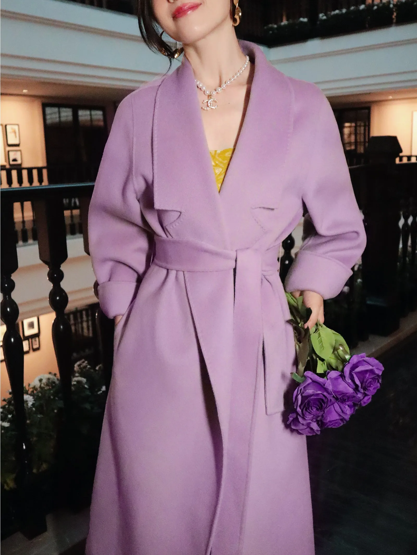 Super purple wool over-the-knee long coat with loose fully wool double-sided cashmere coat- Alias