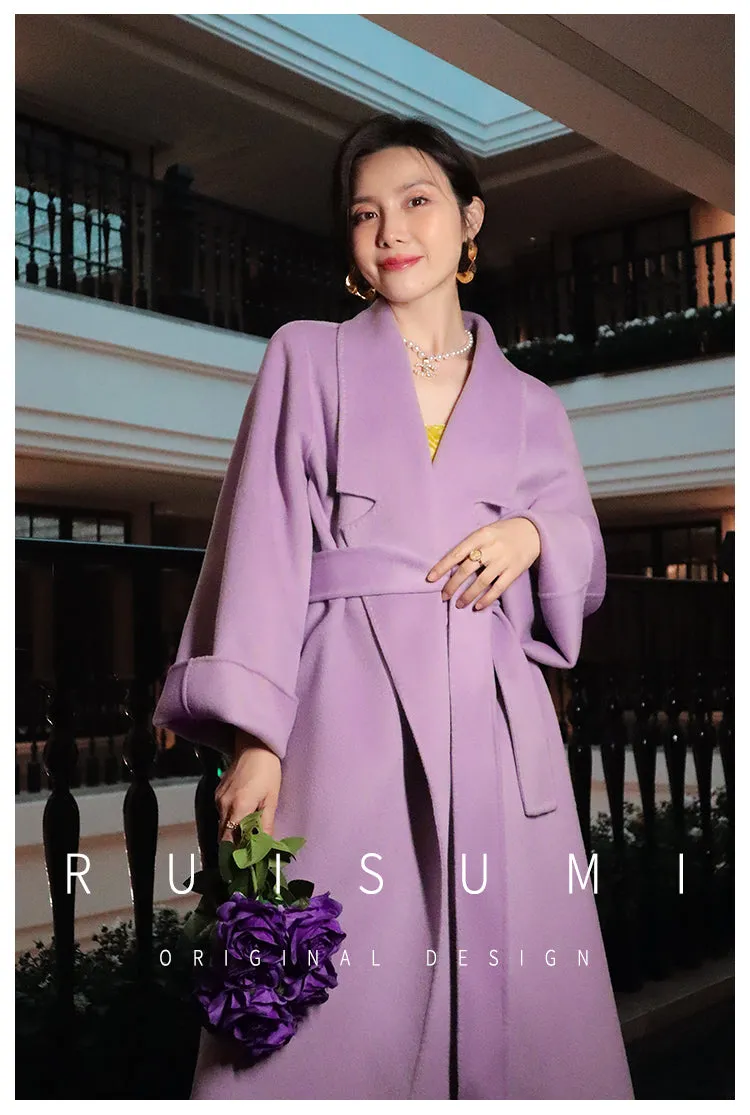 Super purple wool over-the-knee long coat with loose fully wool double-sided cashmere coat- Alias