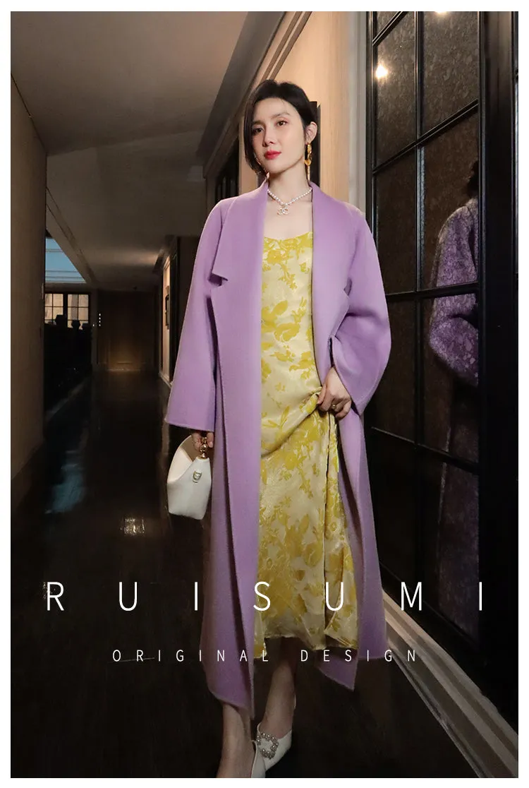 Super purple wool over-the-knee long coat with loose fully wool double-sided cashmere coat- Alias