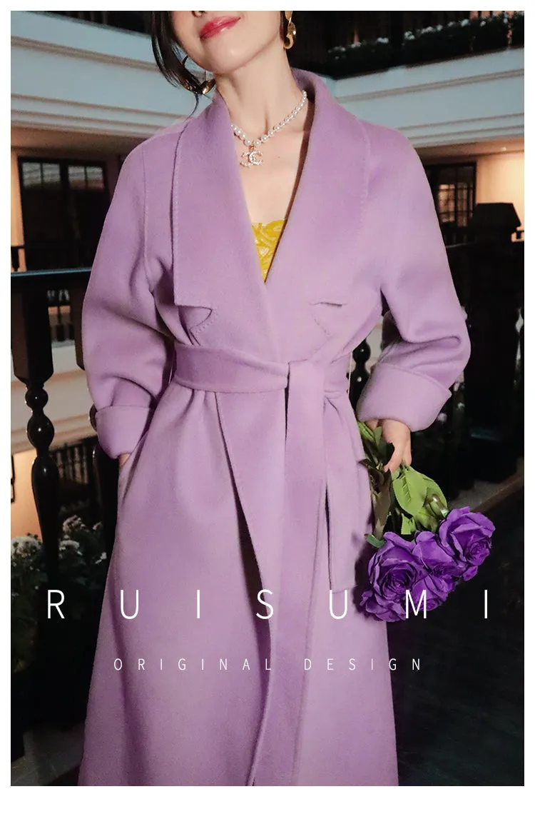 Super purple wool over-the-knee long coat with loose fully wool double-sided cashmere coat- Alias