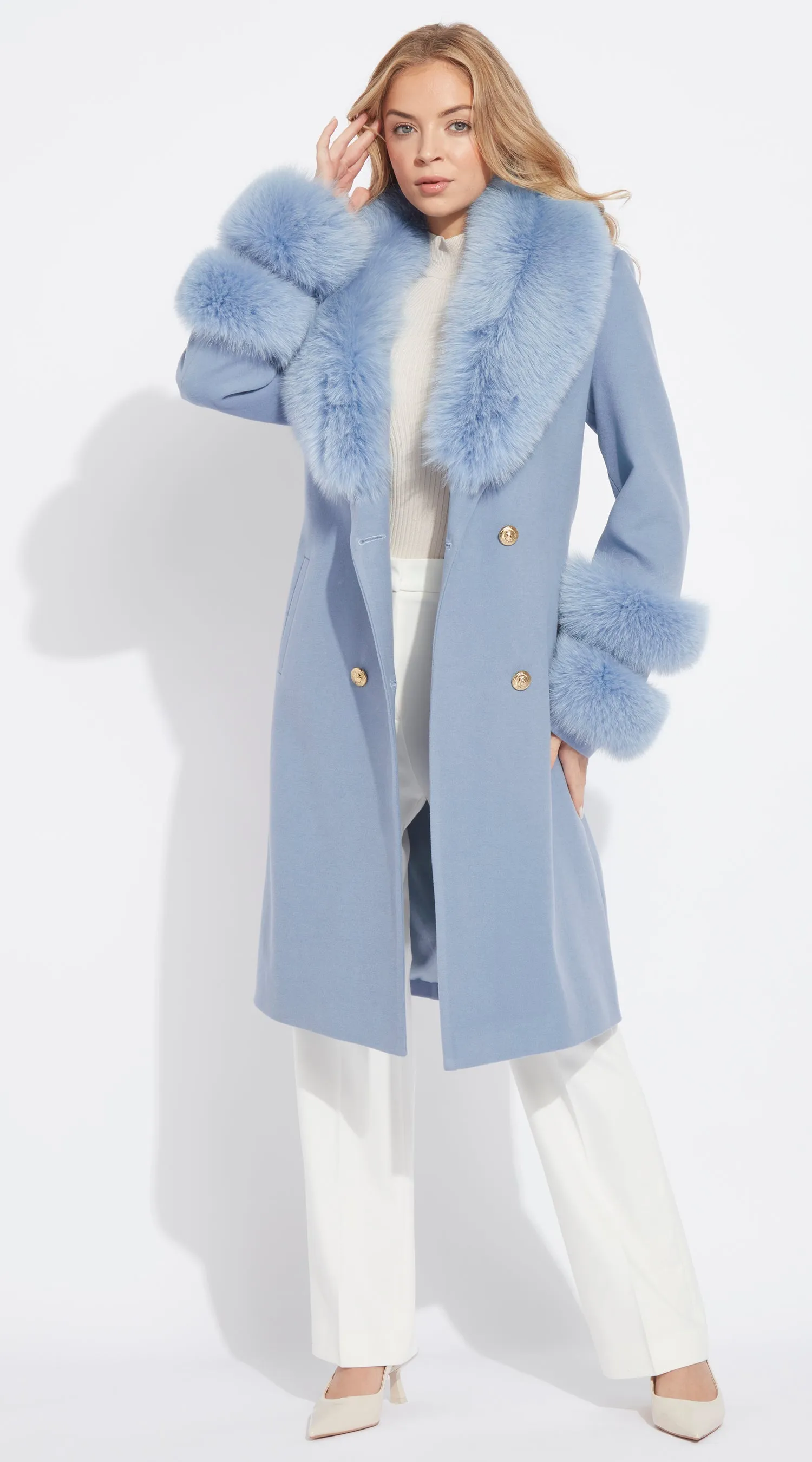 Supreme Luxy Cashmere & Fox Fur Belted Coat - Blue