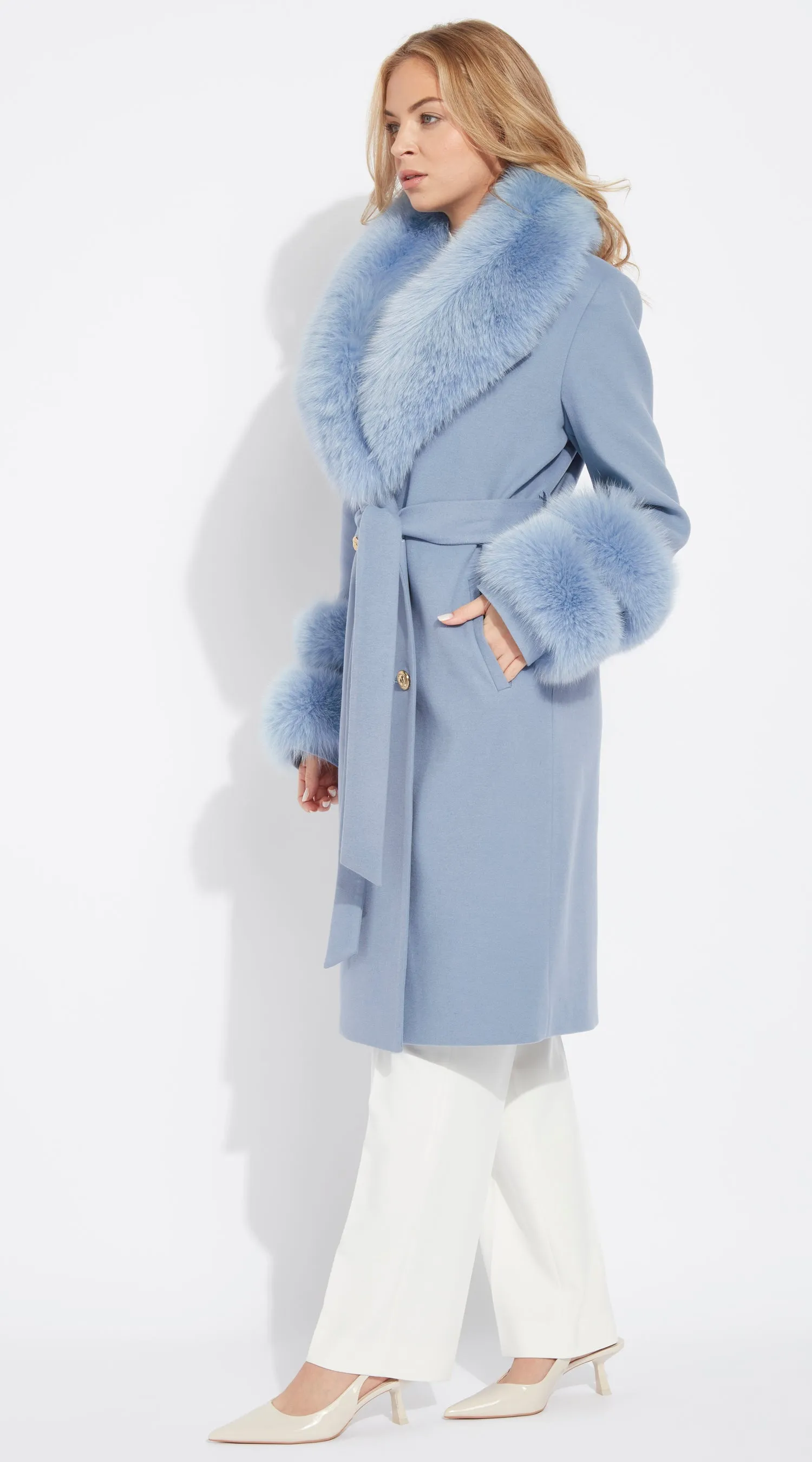 Supreme Luxy Cashmere & Fox Fur Belted Coat - Blue