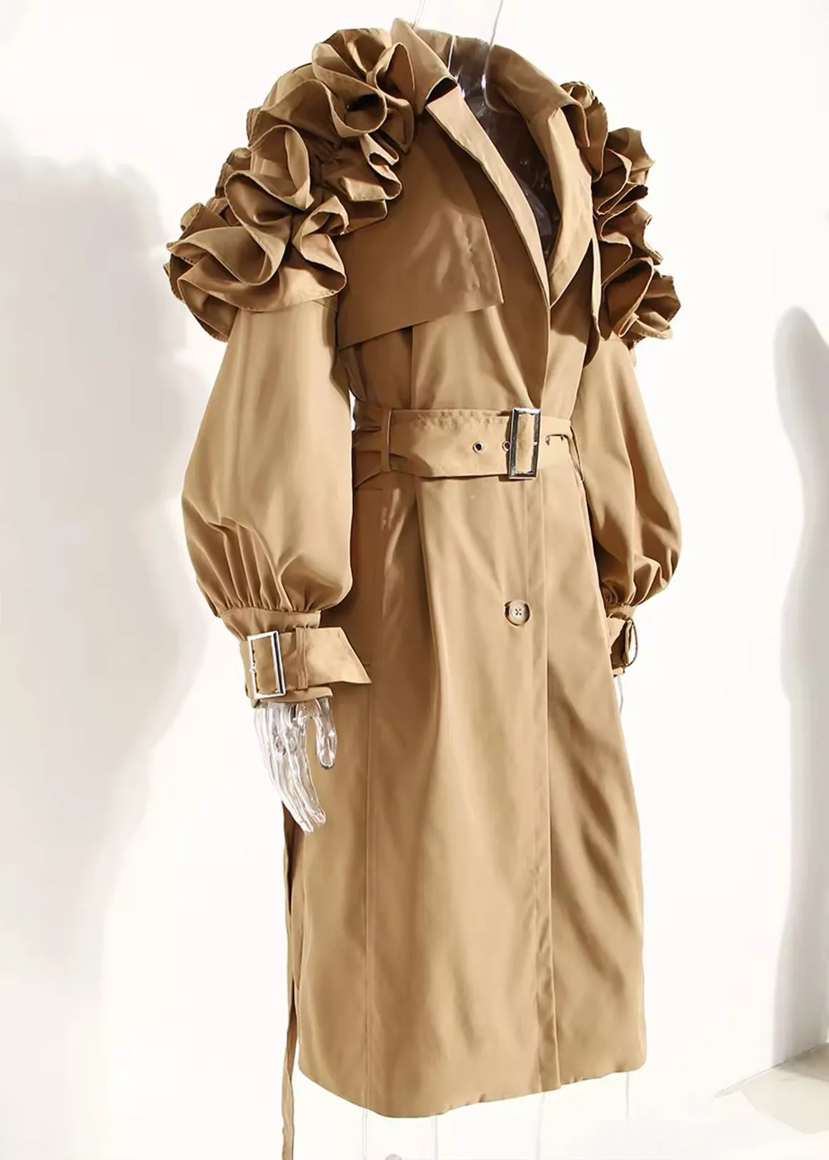 Sybil Ruffle Shoulder Trench Coat