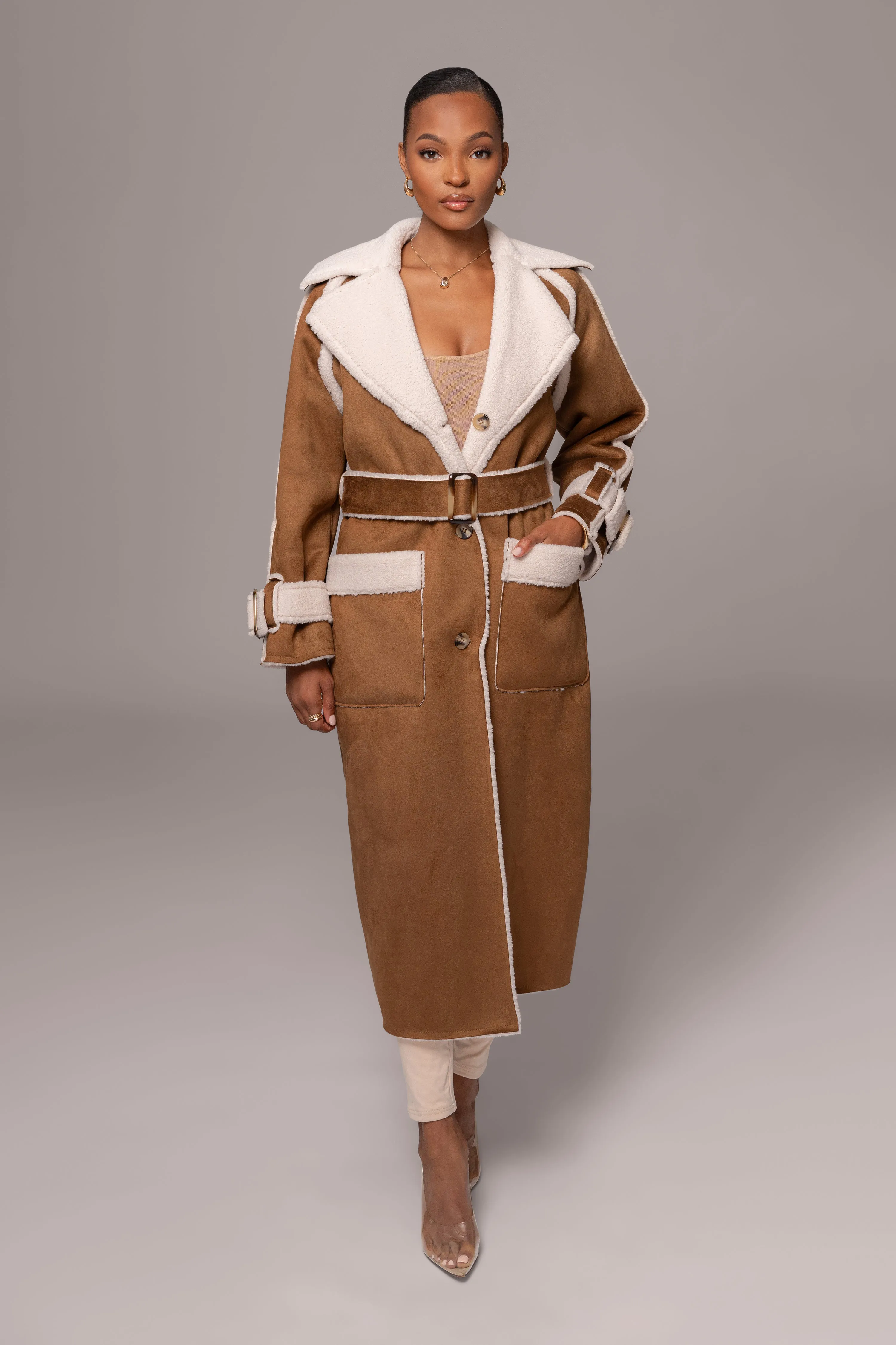 Tan Suede And Sherpa Reversible Coat