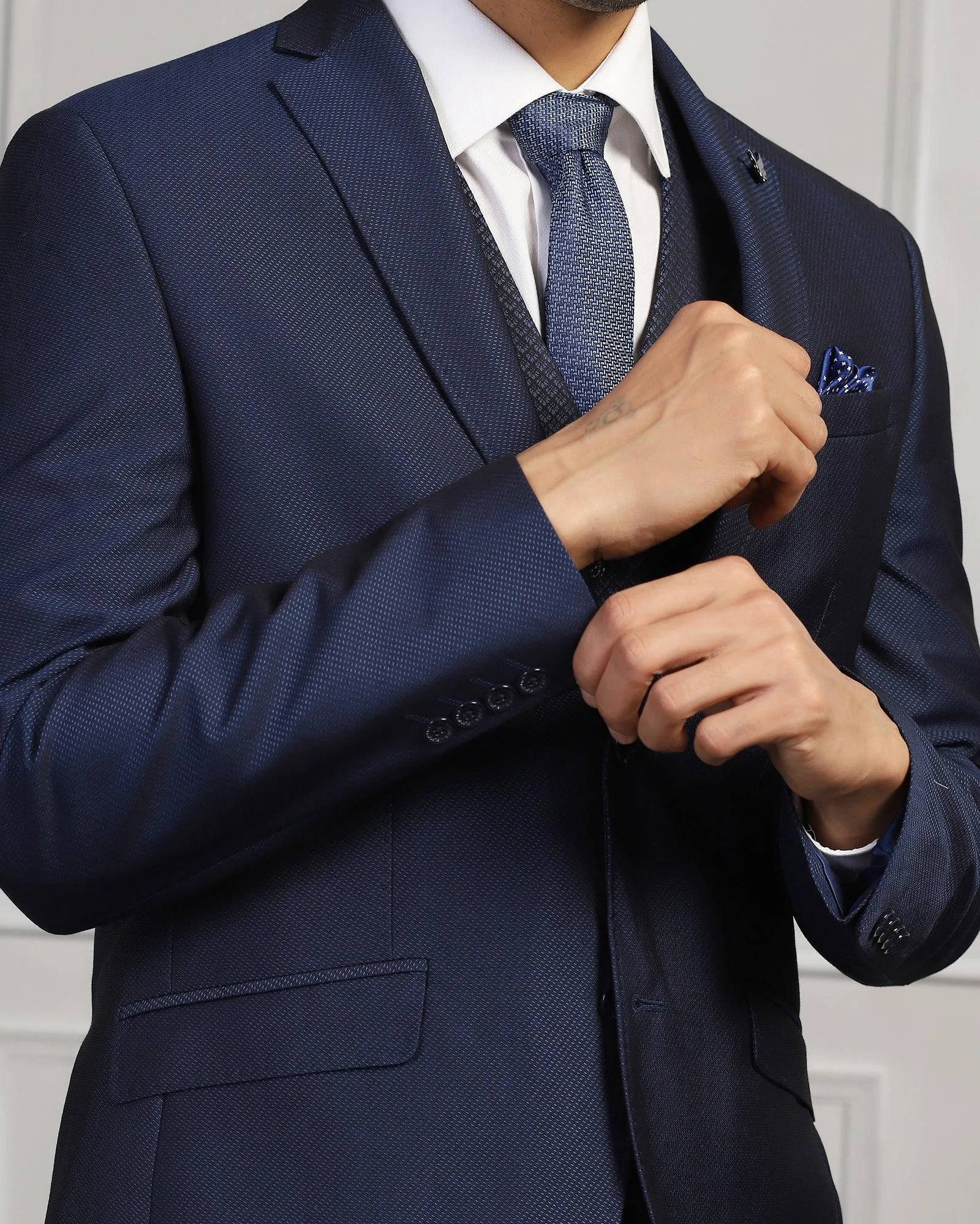 Three Piece Navy Textured Formal Suit - Mercer