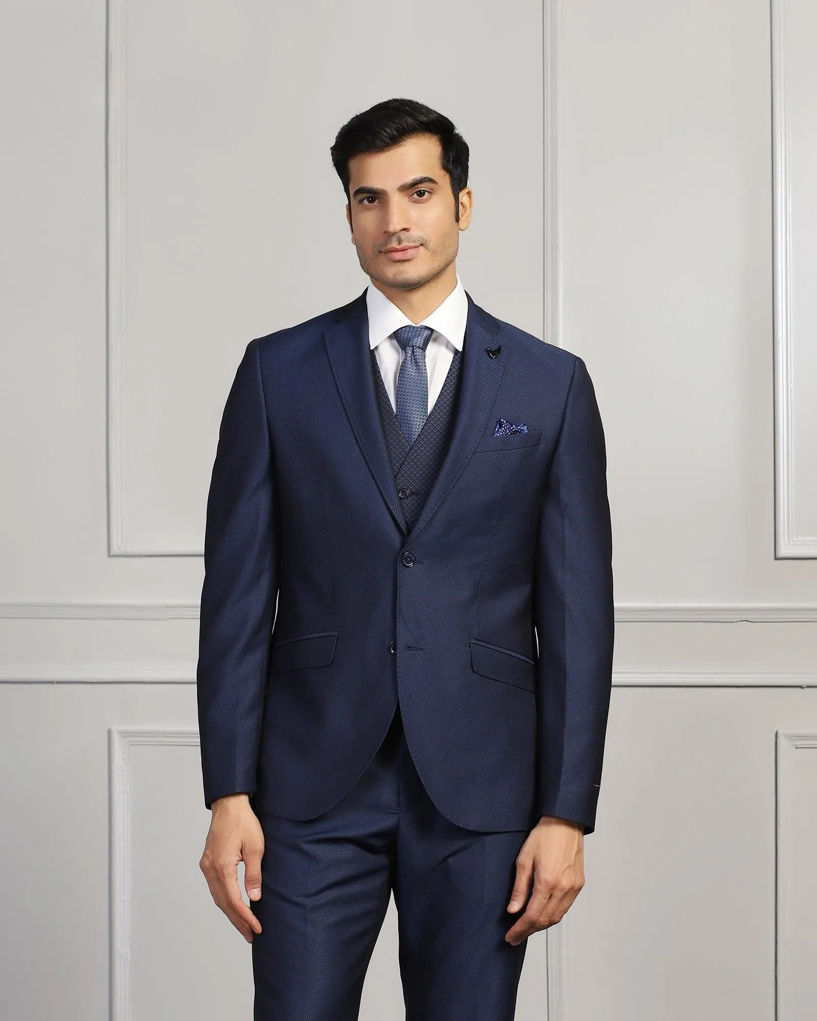 Three Piece Navy Textured Formal Suit - Mercer