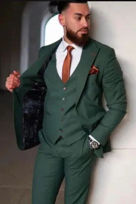 Three-piece slim fit green wedding suit for men