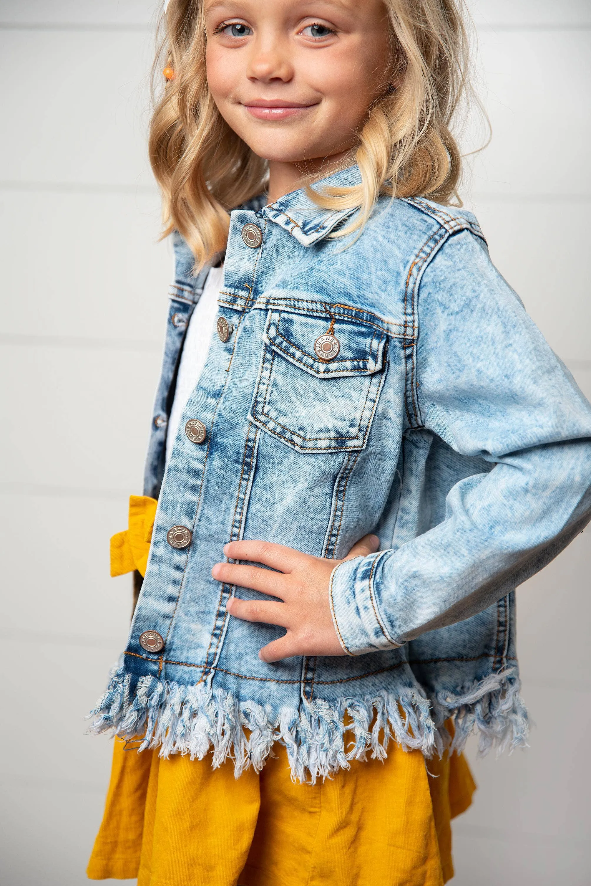 WH Kids Light Wash Faded Denim Fringe Winter Button Jacket