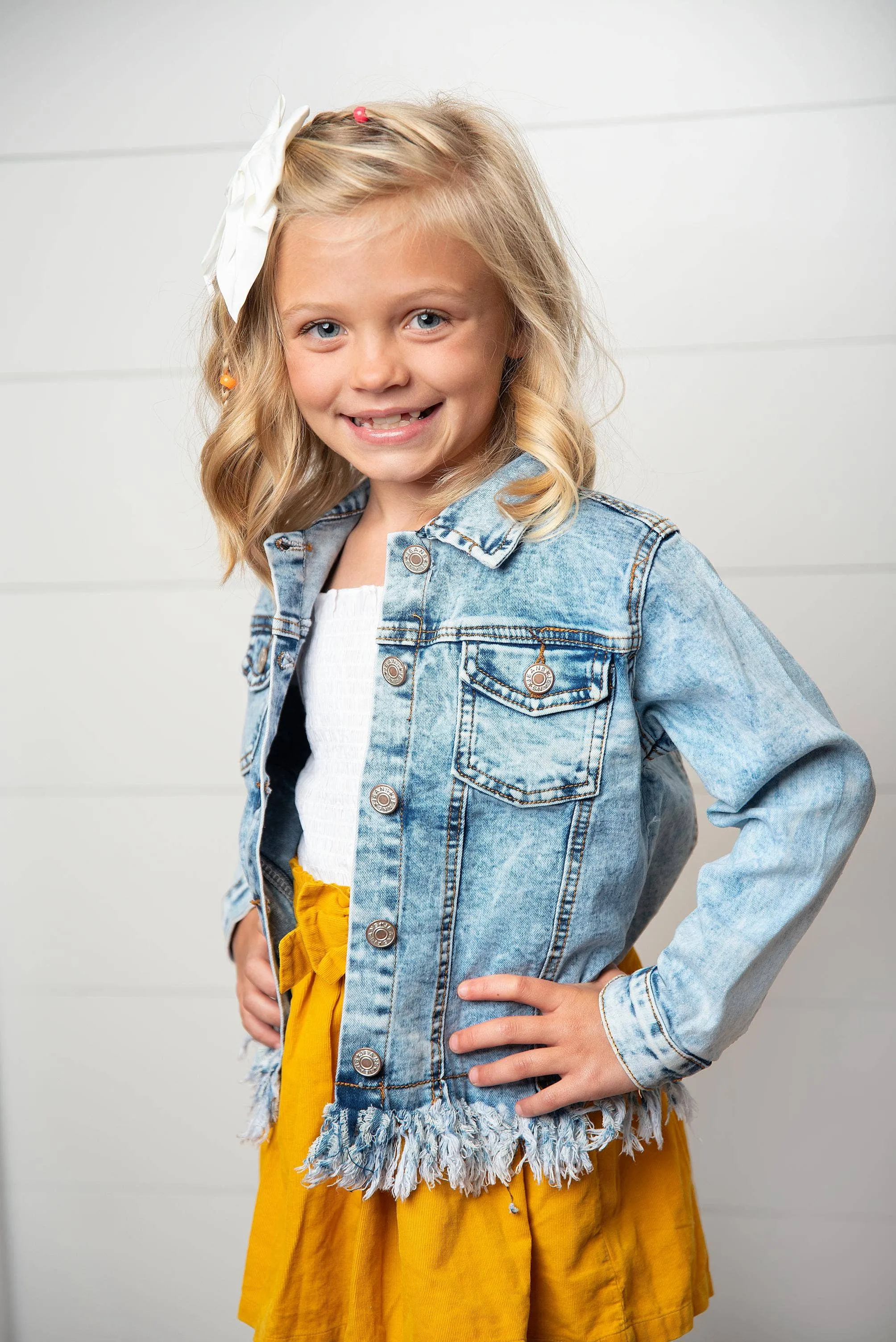 WH Kids Light Wash Faded Denim Fringe Winter Button Jacket