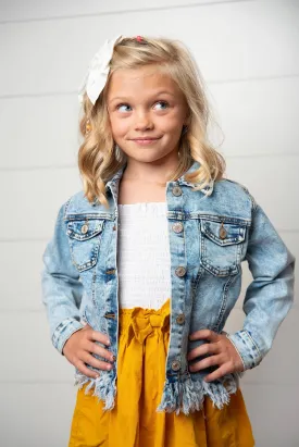 WH Kids Light Wash Faded Denim Fringe Winter Button Jacket