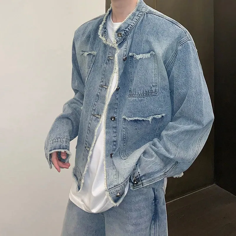 Wiaofellas  -  Men's Casual Washed Denim Jacket Streetwear Ripped Stand Collar Texture Korean Harajuku Retro Long Sleeve Luxury Coat New